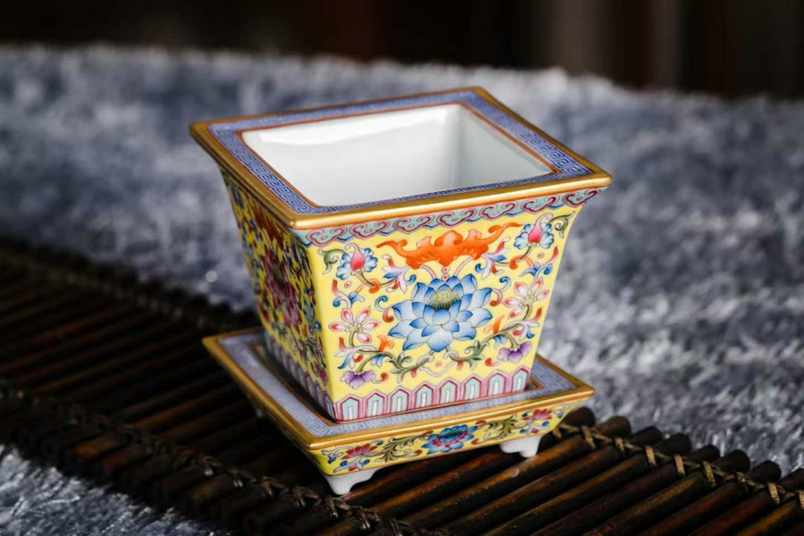 Colour enamels square vase